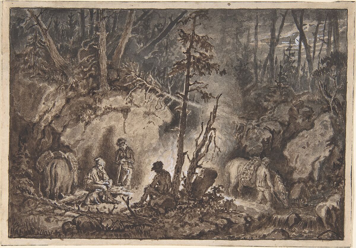 Hunters resting in a forest at night, Kilian Christoffer Zoll (Swedish, Hyllie 1818–1860 Stärnap), Pen and brown and black ink, brush and brown and gray wash, heightened with white bodycolour; framing lines in pen and black ink 