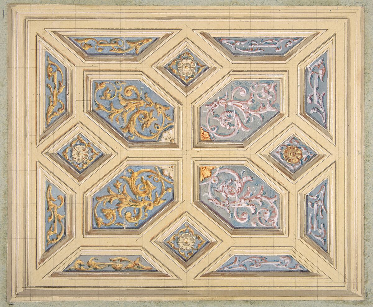 Design for a coffered ceiling decorated with rinceaux, Jules-Edmond-Charles Lachaise (French, died 1897), graphite, pen and ink, wash and gouache on wove paper, inlaid in blue wove paper 