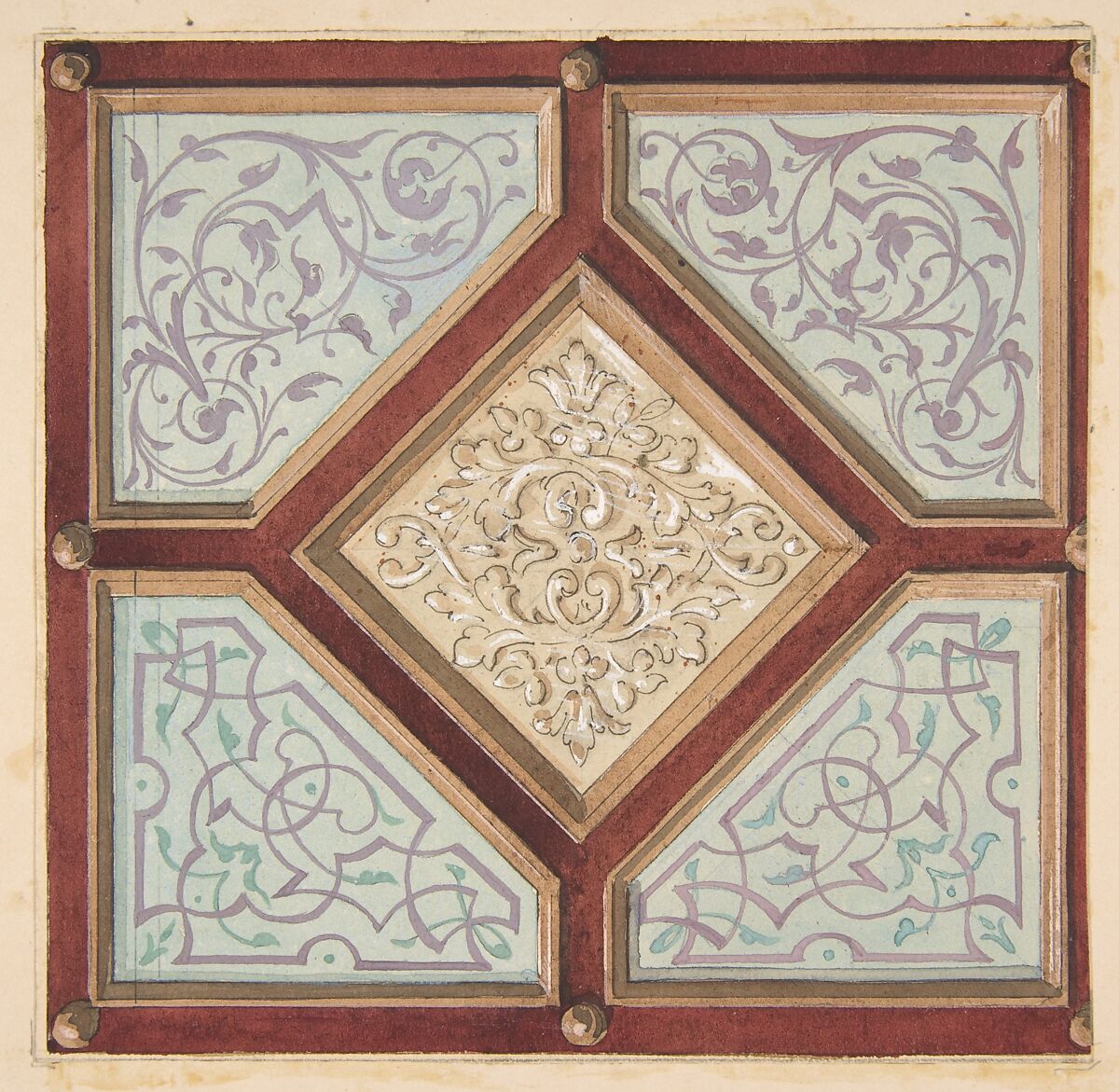 Design for a coffered ceiling with alternative decorative patterns, Jules-Edmond-Charles Lachaise (French, died 1897), Pen and ink, watercolor, and gouache on wove paper; inlaid in wove paper 