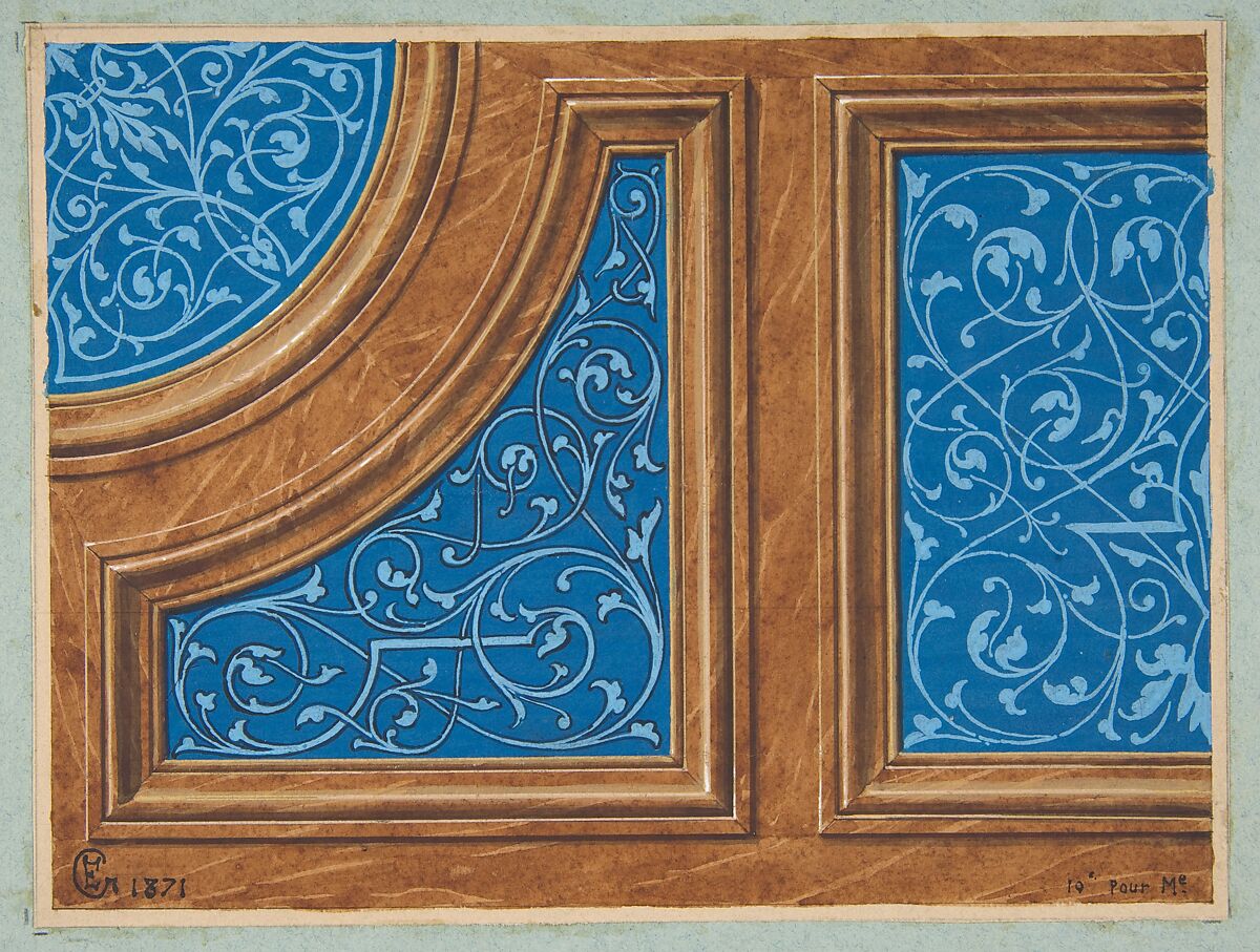 Partial design for wood panneling inlaid with painted panels, Jules-Edmond-Charles Lachaise (French, died 1897), Pen and ink, watercolor, and gouache 