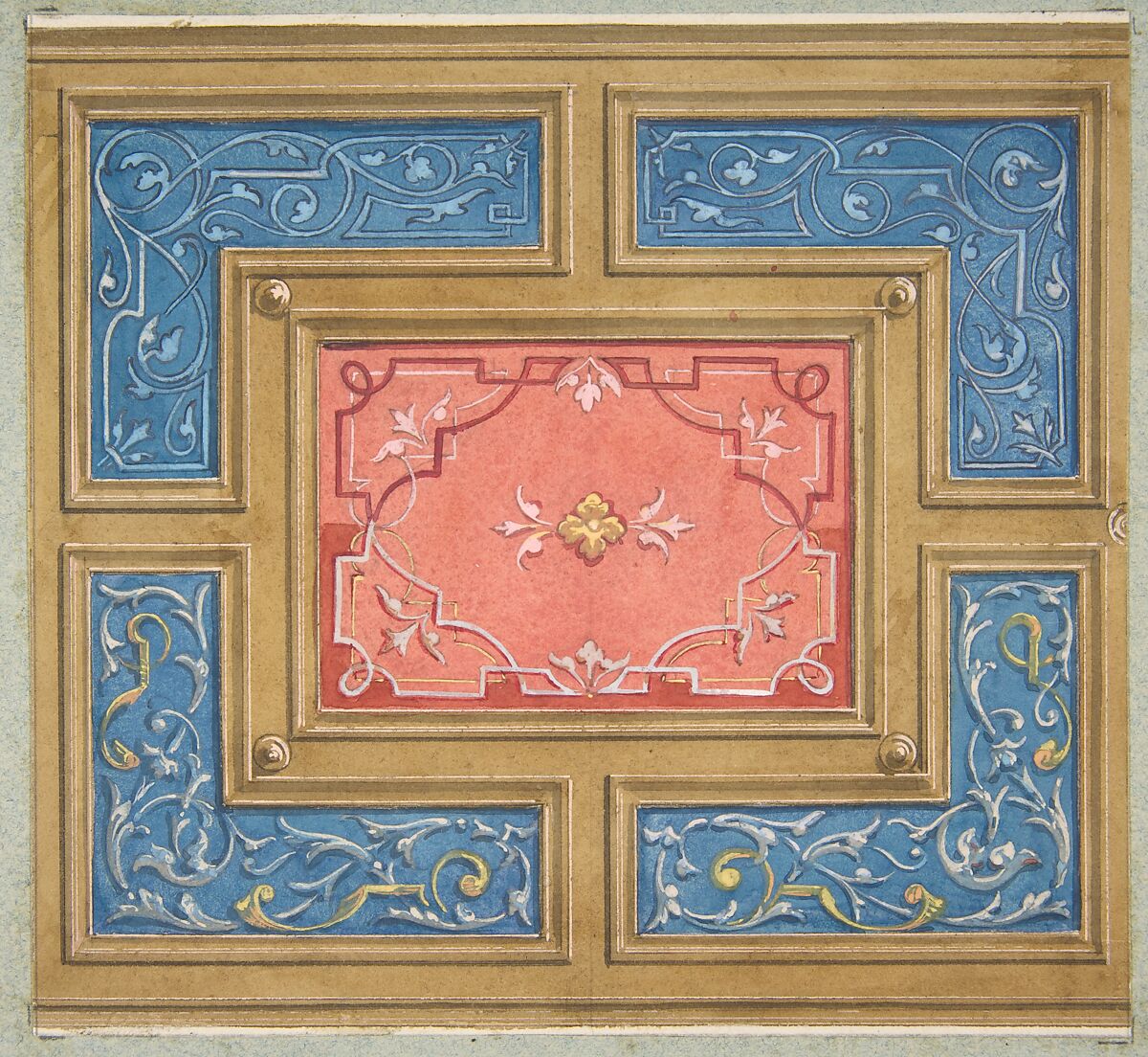 Design for a coffered ceiling with painted panels, Jules-Edmond-Charles Lachaise (French, died 1897), Pen and ink, watercolor, and gouache on wove paper; inlaid in blue wove paper 