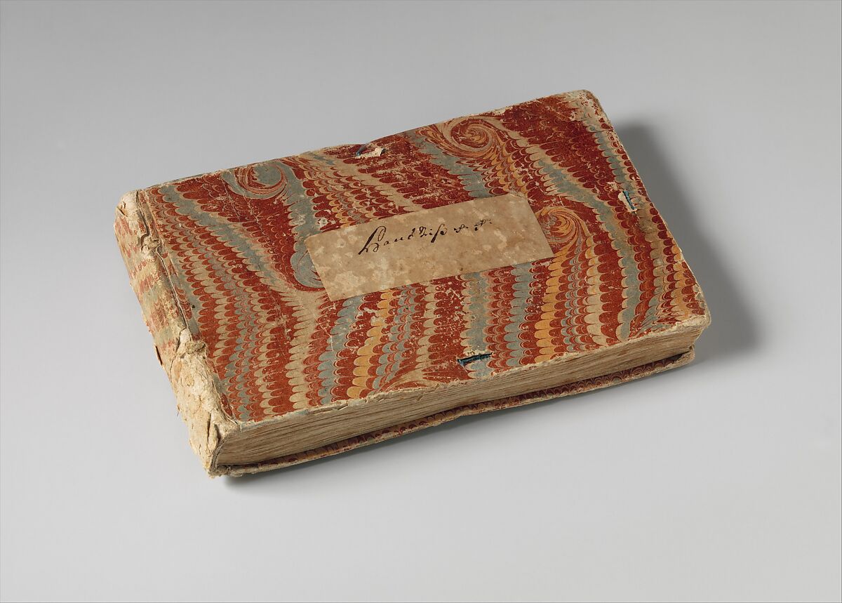 Zoller Album Amicorum, 75 sheets of laid paper inside a cardboard binding covered in marbled paper.