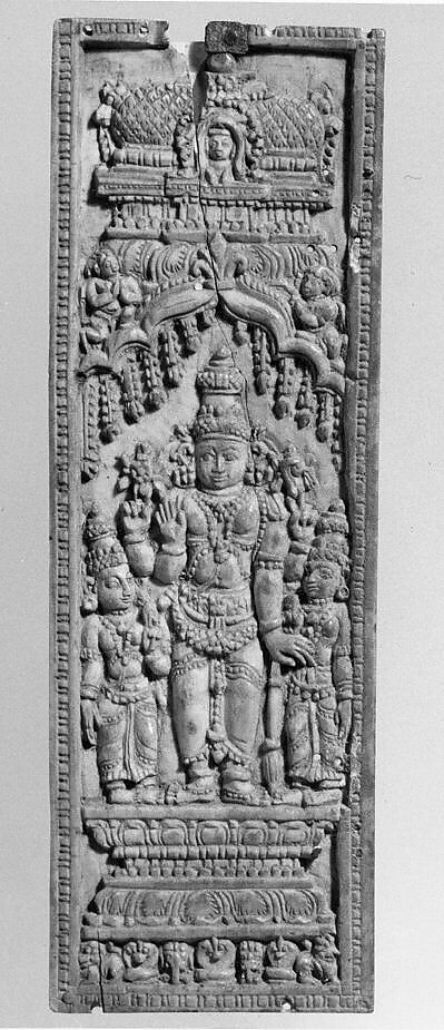 Vishnu Standing between His Consorts, Lakshmi and Sarasvati, Ivory, India (Tamil Nadu) 