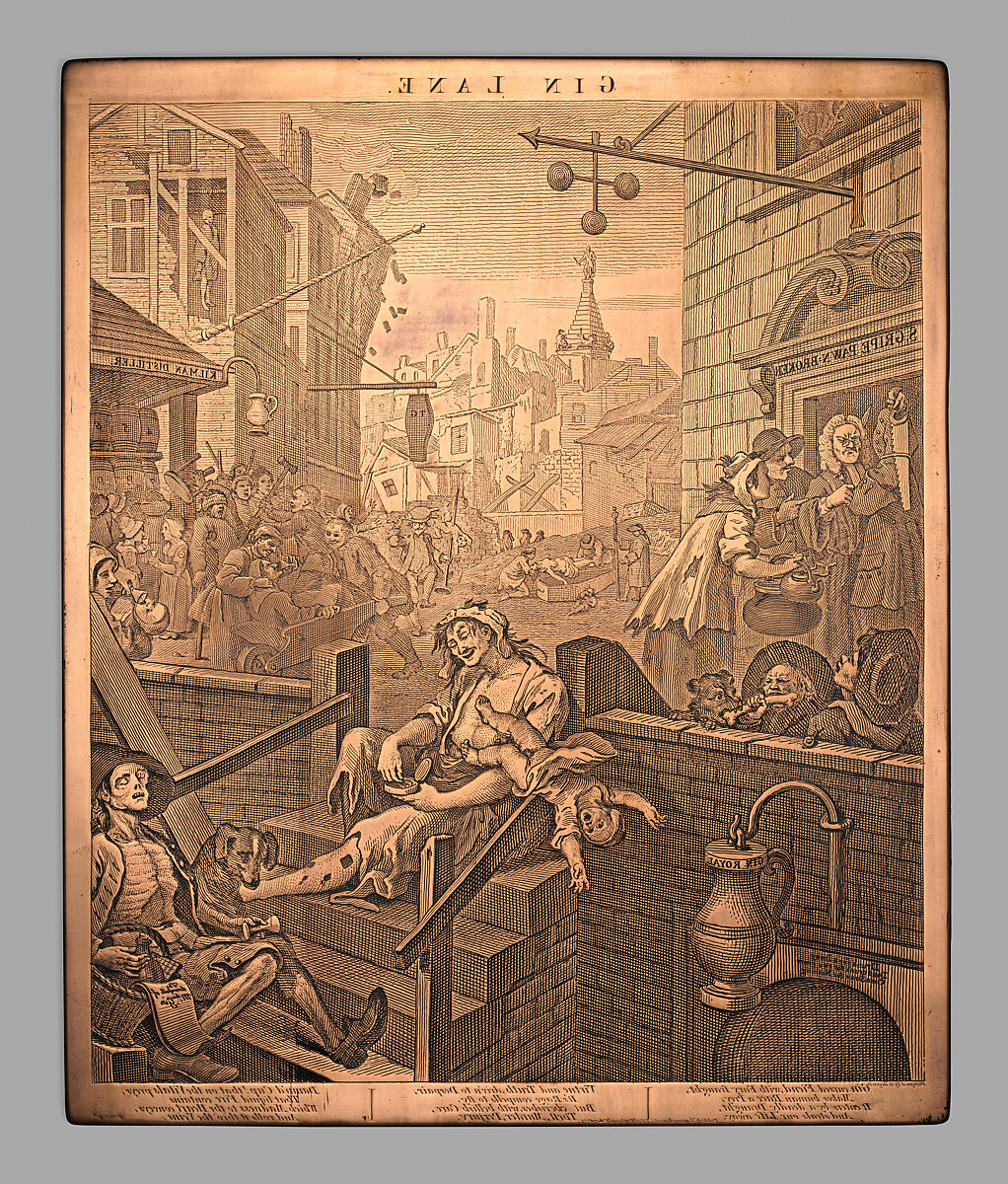 Gin Lane, William Hogarth (British, London 1697–1764 London), Engraved copper plate 