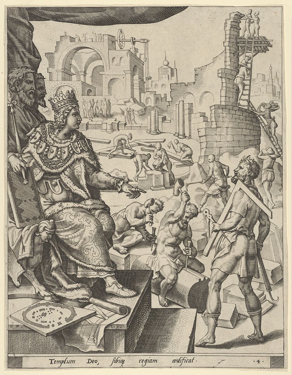 Solomon Building the Temple, from "The Story of Solomon", Maarten van Heemskerck  Netherlandish, Engraving