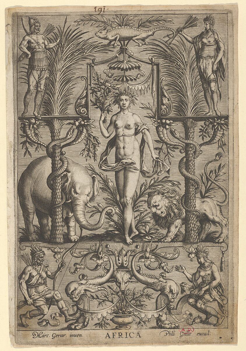 Allegory of Africa, from "The Four Continents", After Marcus Gheeraerts the Elder (Flemish, Bruges ca. 1520–ca. 1590 London (?) (active England)), Engraving 