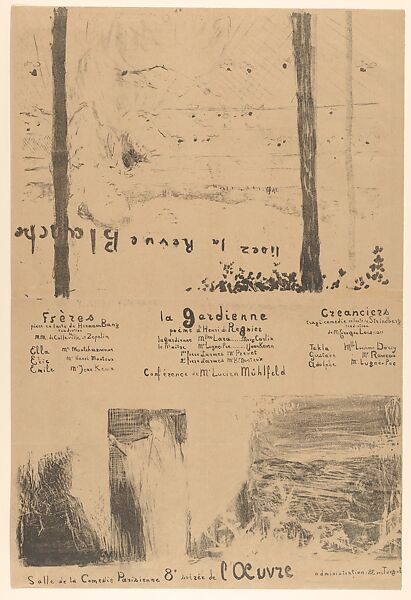 Program for L’Œuvre theater, May 1894 (Lisez la Revue Blanche / Frères; La Gardienne; Créanciers), Edouard Vuillard (French, Cuiseaux 1868–1940 La Baule), Lithograph 