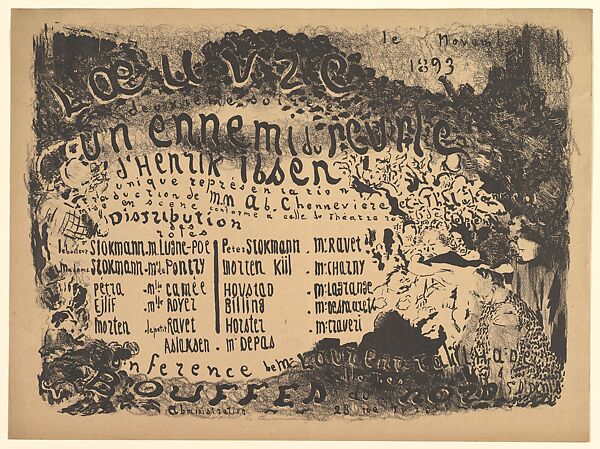 An Enemy of the People, Program for Théâtre de l'Oeuvre, November 1893, Edouard Vuillard (French, Cuiseaux 1868–1940 La Baule), Lithograph 