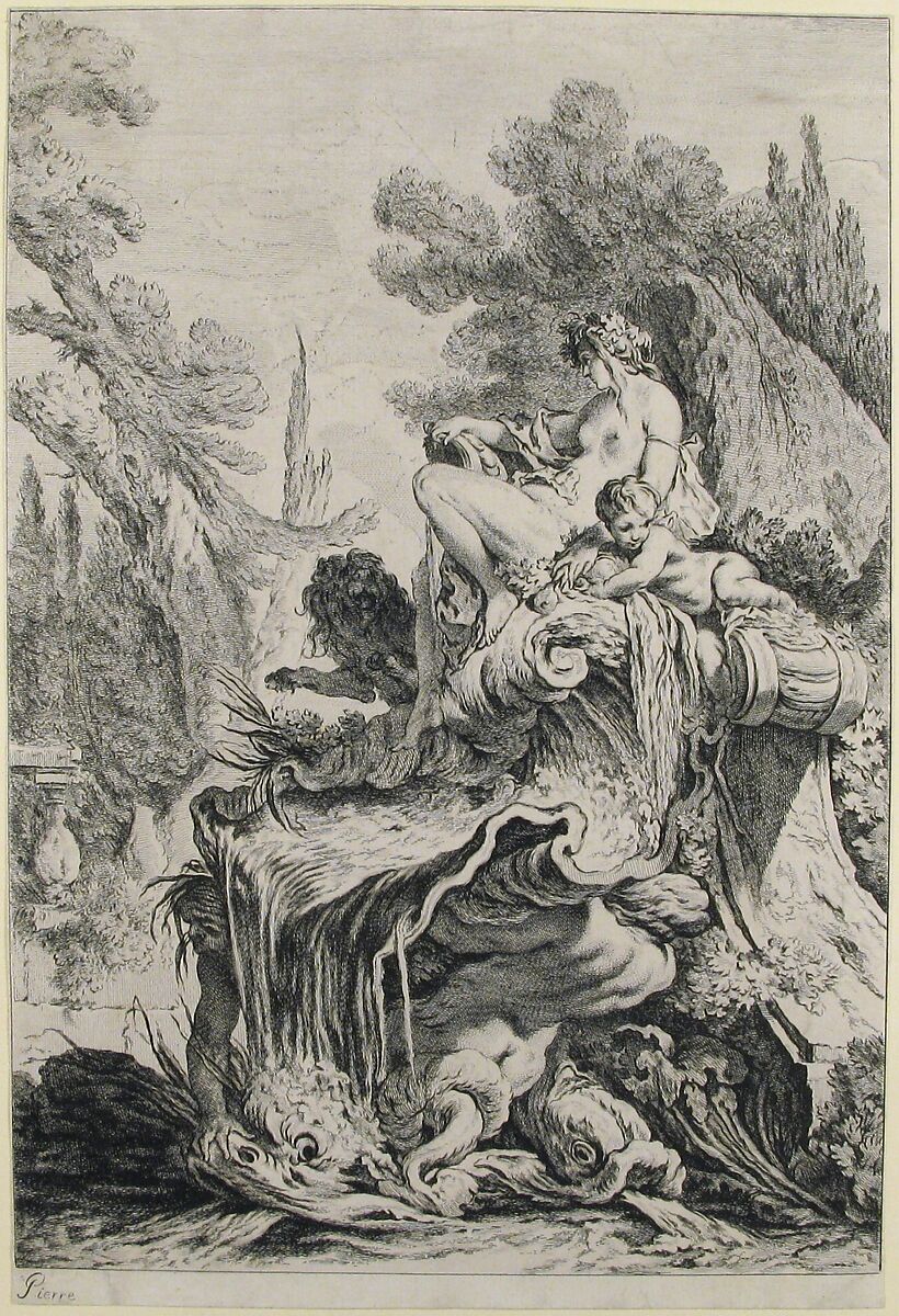 Fountain with a Naiad Seated on a Shell (Une fontaine avec une näiade assise sur une conque), Jean-Baptiste Marie Pierre (French, Paris 1714–1789 Paris), Etching 