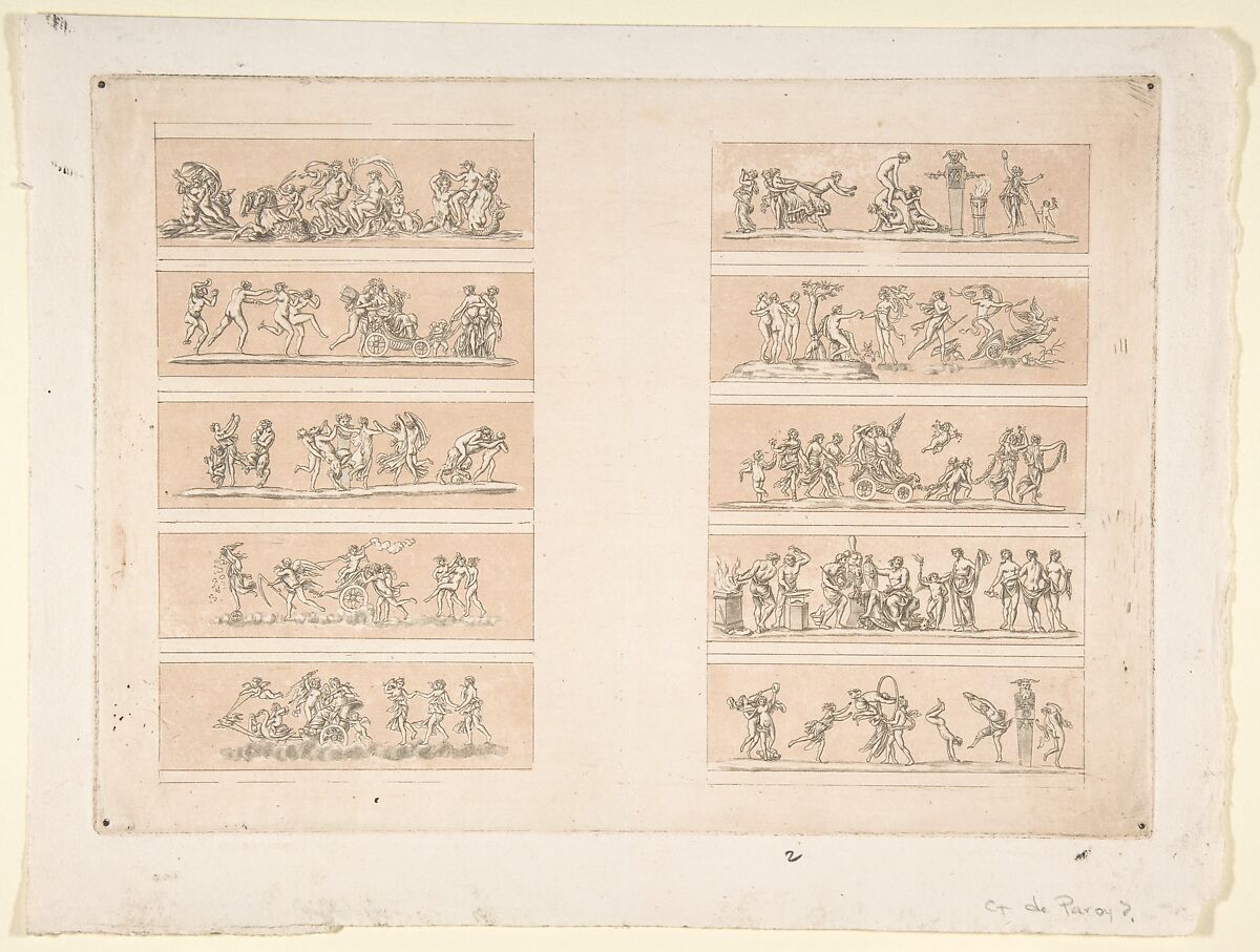 Plate with Ten Bacchanal Scenes, Etched by Jean Philippe Guy Le Gentil, comte de Paroy (French, 1750–1824), Etching 