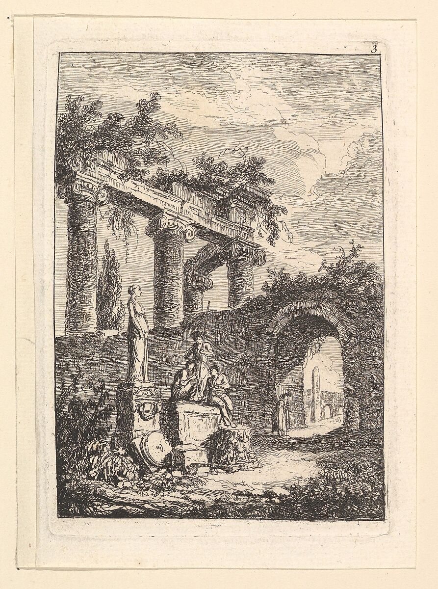 La Statue en Avant les Ruines, Hubert Robert (French, Paris 1733–1808 Paris), Etching 