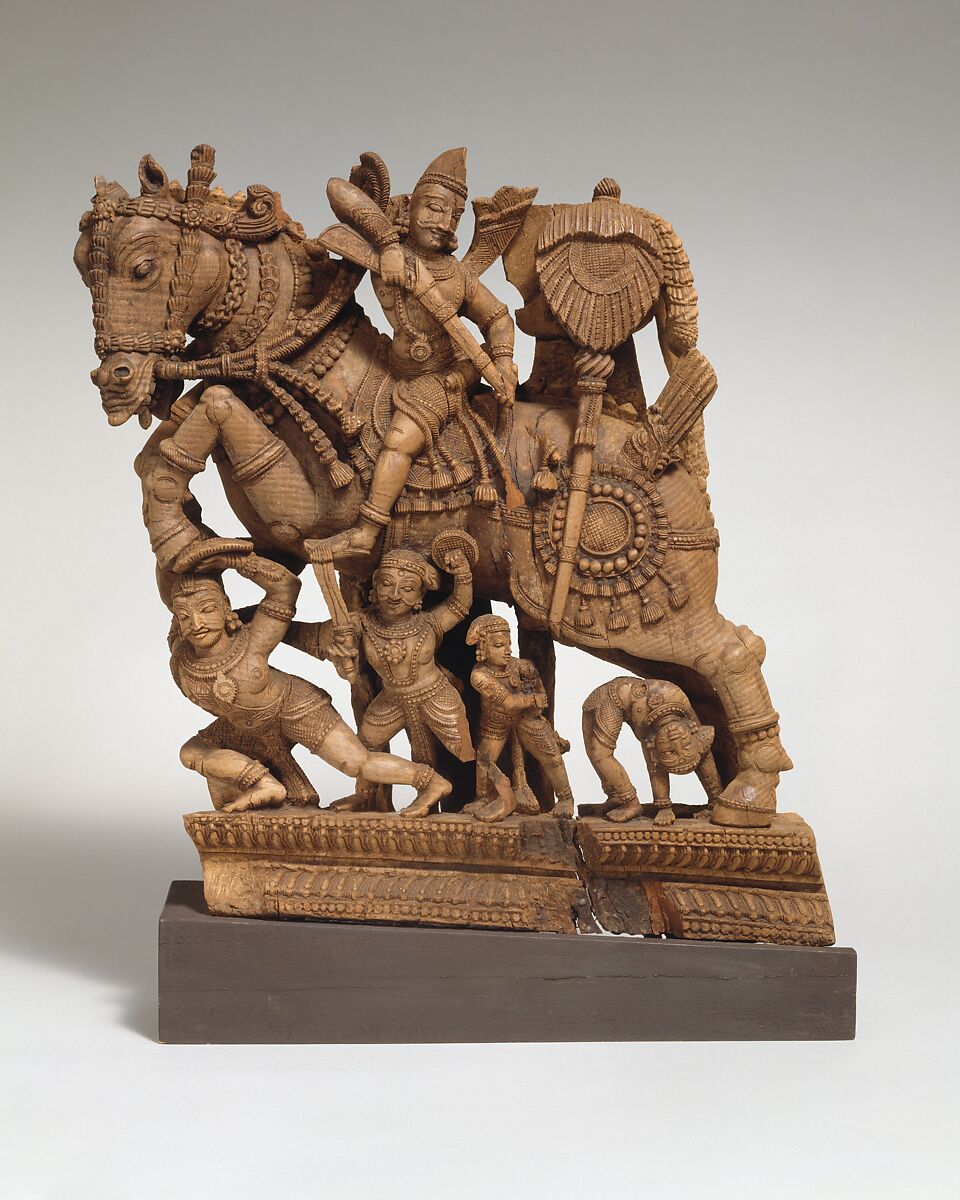 Panel from a Ritual Chariot: A Warrior on Horseback, Wood, India (Tamil Nadu) 