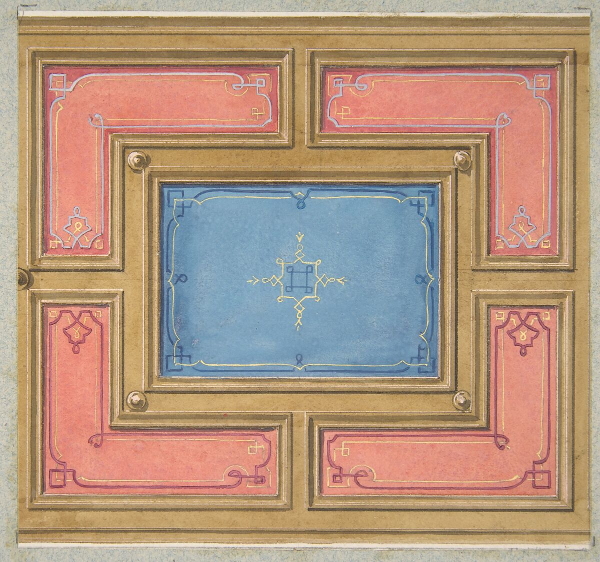 Design for a paneled ceiling, Jules-Edmond-Charles Lachaise (French, died 1897), pen and ink, watercolor, and gouache on wove paper; inlaid in blue wove paper 