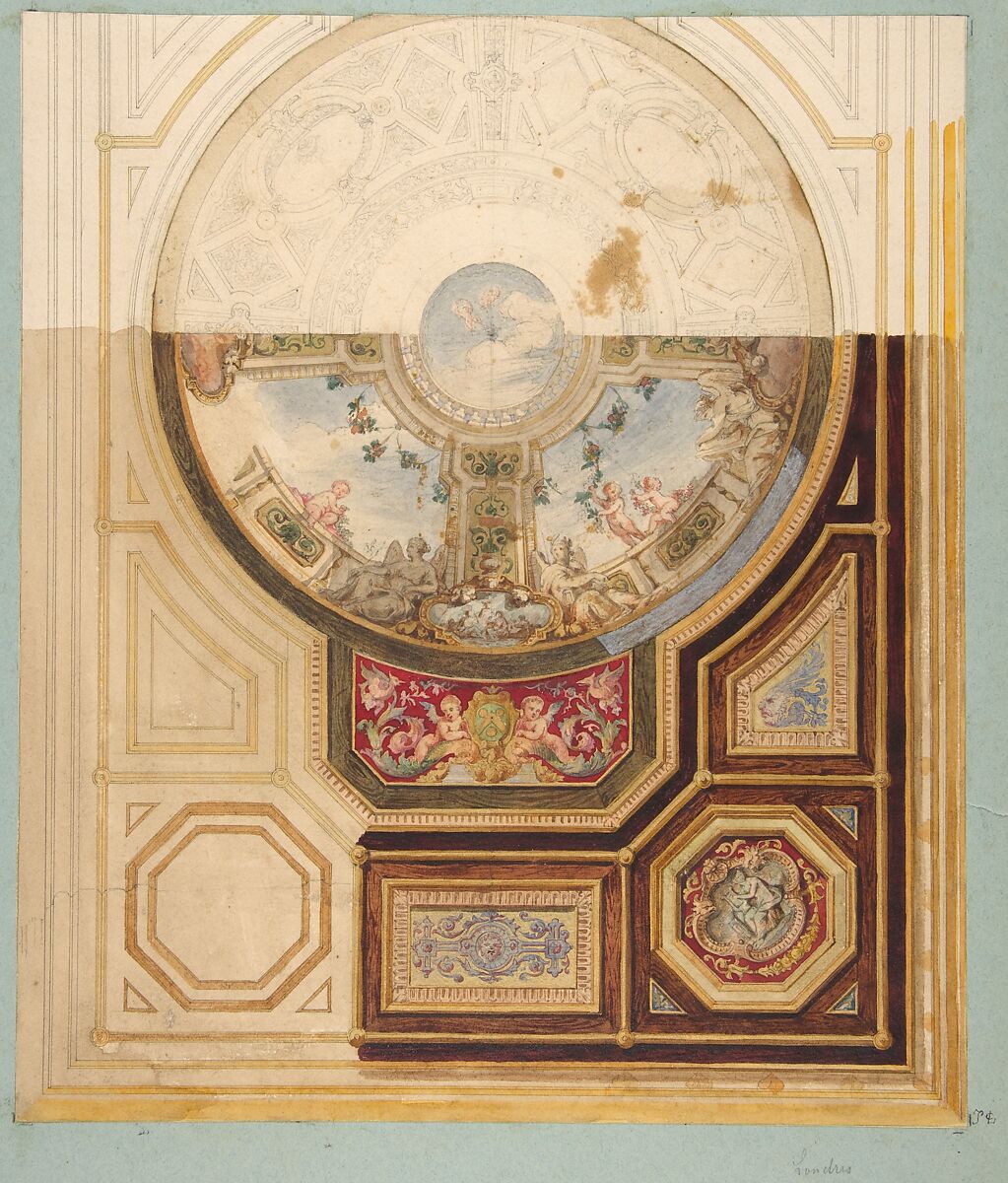 Design for a paneled ceiling with a trompe l'oeil dome in London, Jules-Edmond-Charles Lachaise (French, died 1897), graphite, watercolor, and gold paint 