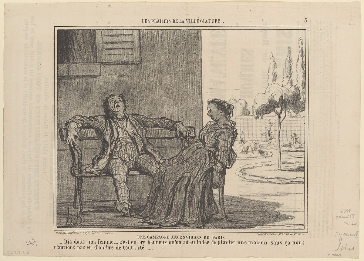 A Country House Near Paris: --Well, my dear... it's a good thing we had the idea to plant a house. Without it, we wouldn't have had shade all summer! from The Pleasures of a Country Holiday, published in Le Charivari, Honoré Daumier  French, Lithograph on newsprint; second state of two (Delteil)
