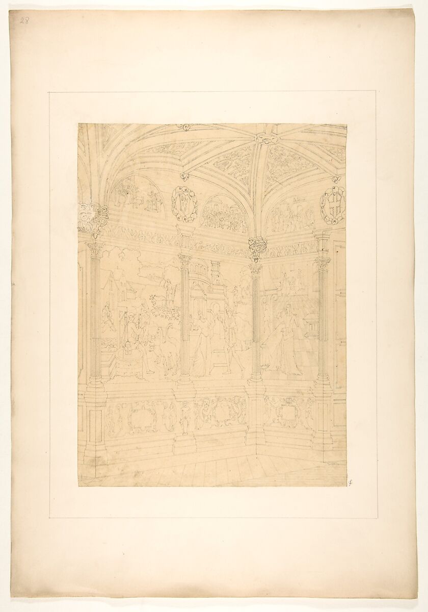 Elevation of the corner of a room decorated with Renaissance-style murals and carved woodwork, Jules-Edmond-Charles Lachaise (French, died 1897), graphite on tracing paper; glued to wove paper 