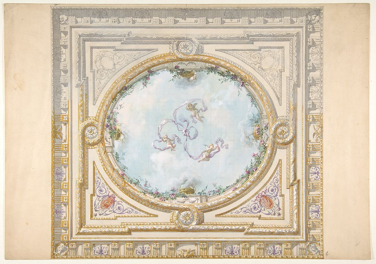 Design for a ceiling in rococo style with a trompe l'oeil oculus, Jules-Edmond-Charles Lachaise (French, died 1897), graphite, pen and ink, wash, watercolor, gouache, and gold paint 