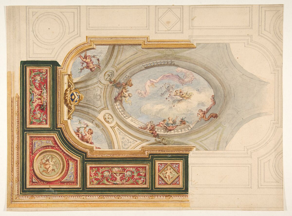 Design for a ceiling in Baroque style with a central panel in trompe l'oeil, Jules-Edmond-Charles Lachaise (French, died 1897), graphite, pen and ink, watercolor, wash, and gold paint 