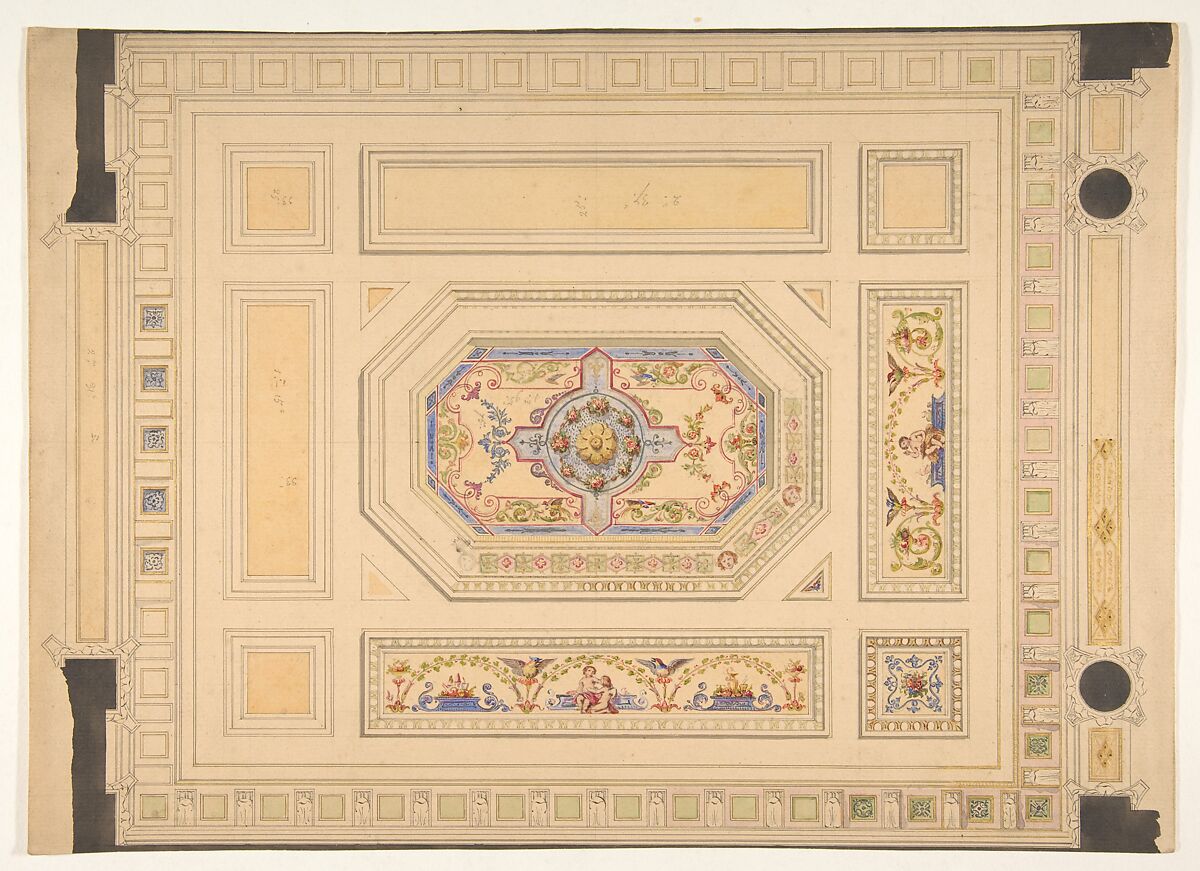 Design for a paneled ceiling painted with putti, birds, and floral motifs, Jules-Edmond-Charles Lachaise (French, died 1897), graphite, pen and ink, watercolor and gold paint on laid paper 