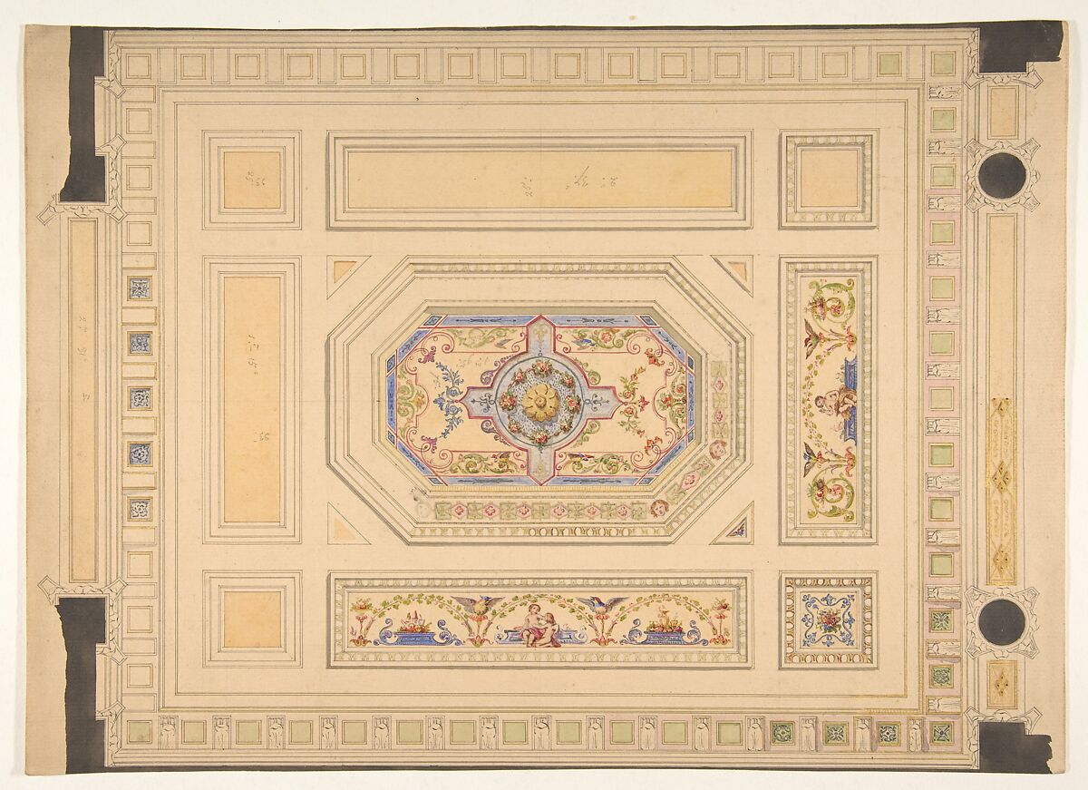 Design for a paneled ceiling painted with putti, birds, and floral motifs, Jules-Edmond-Charles Lachaise (French, died 1897), graphite, pen and ink, watercolor and gold paint on laid paper 