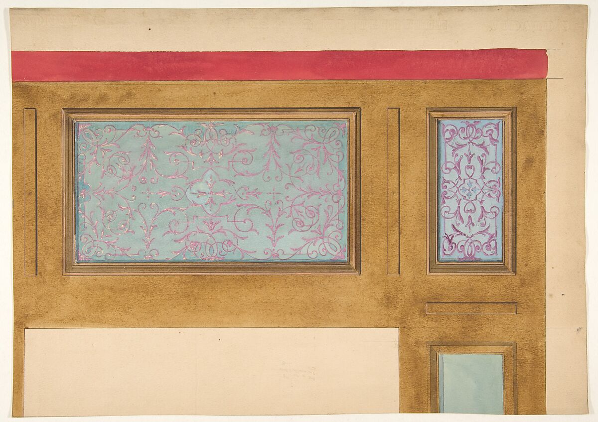 Design for woodwork and painted panels, Jules-Edmond-Charles Lachaise (French, died 1897), graphite, pen and ink, watercolor on wove paper 