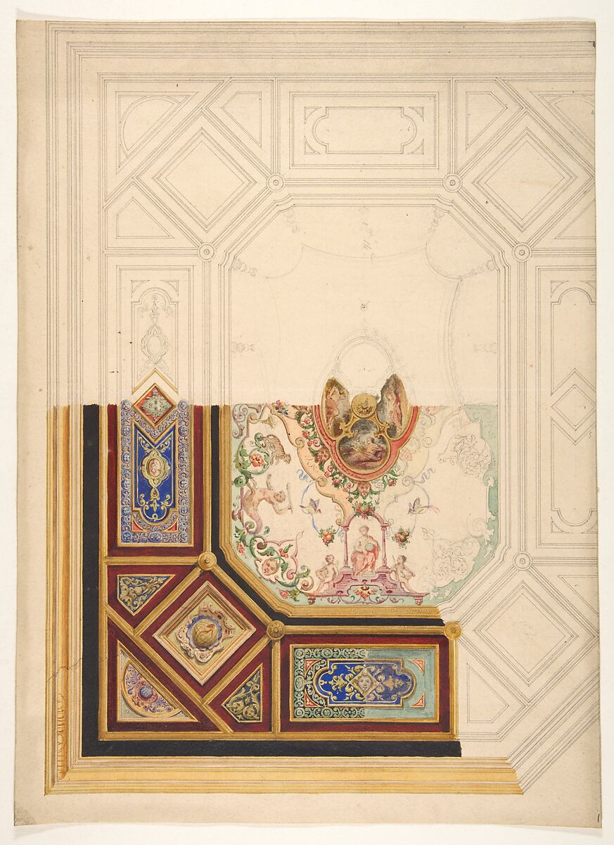 Design for a paneled ceiling to be painted in grotesque motifs, Jules-Edmond-Charles Lachaise (French, died 1897), graphite, pen and ink, watercolor, and gouache on wove paper 