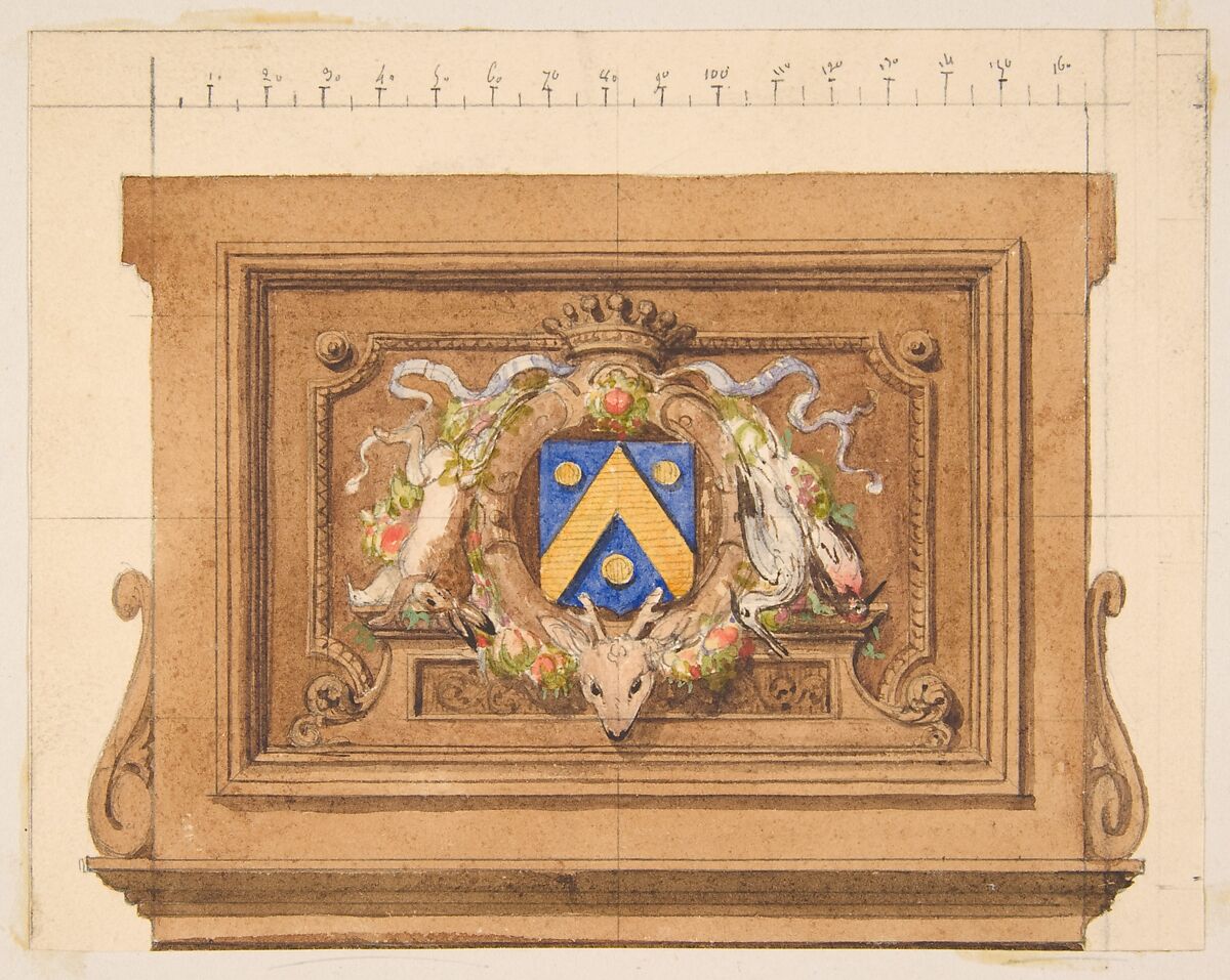 Design of a decorative panel featuring hunting trophies, a shield, and a crown, Jules-Edmond-Charles Lachaise (French, died 1897), graphite, pen and ink, and watercolor on wove paper pasted to  cardboard 