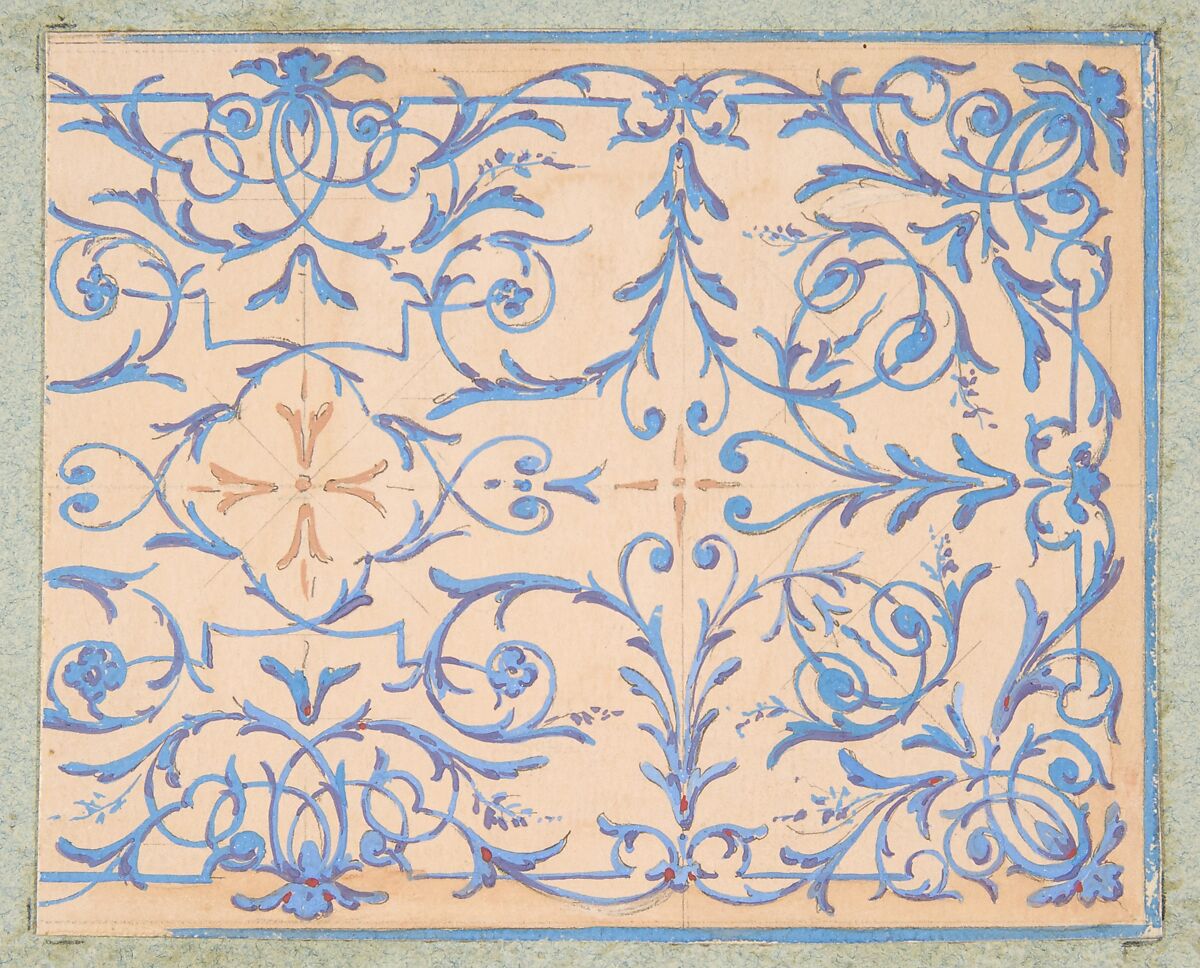 Partial design for a decorative panel painted in rinceaux, Jules-Edmond-Charles Lachaise (French, died 1897), Graphite and gouache on wov e paper; inlaid in blue wove paper 