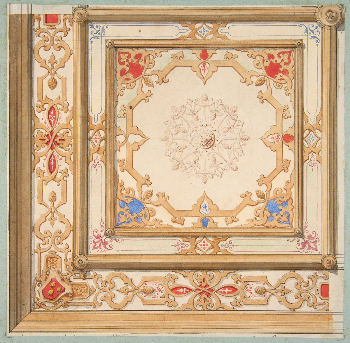 Partial design for a ceiling painted in strapwork and pine cone motifs, Jules-Edmond-Charles Lachaise (French, died 1897), graphite, pen and ink, and watercolor on wove paper; inlaid in blue wove paper 