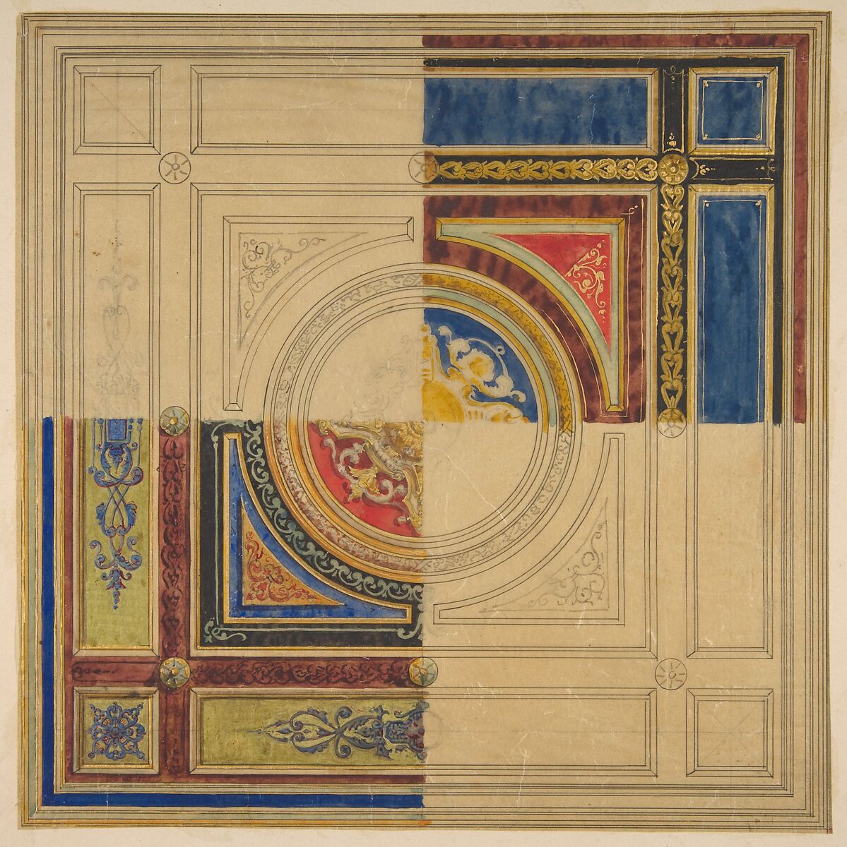 Design for a paneled ceiling with alternative decorations, Jules-Edmond-Charles Lachaise (French, died 1897), pen and ink, watercolor, and gold paint on tracing paper, glued on to wove paper 
