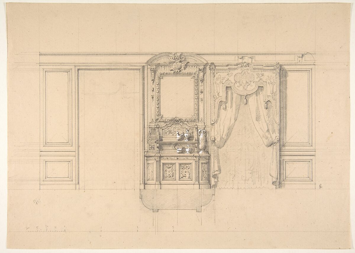 Elevation of a dining room with a carved buffet and window draperies, Jules-Edmond-Charles Lachaise (French, died 1897), graphite on laid paper 