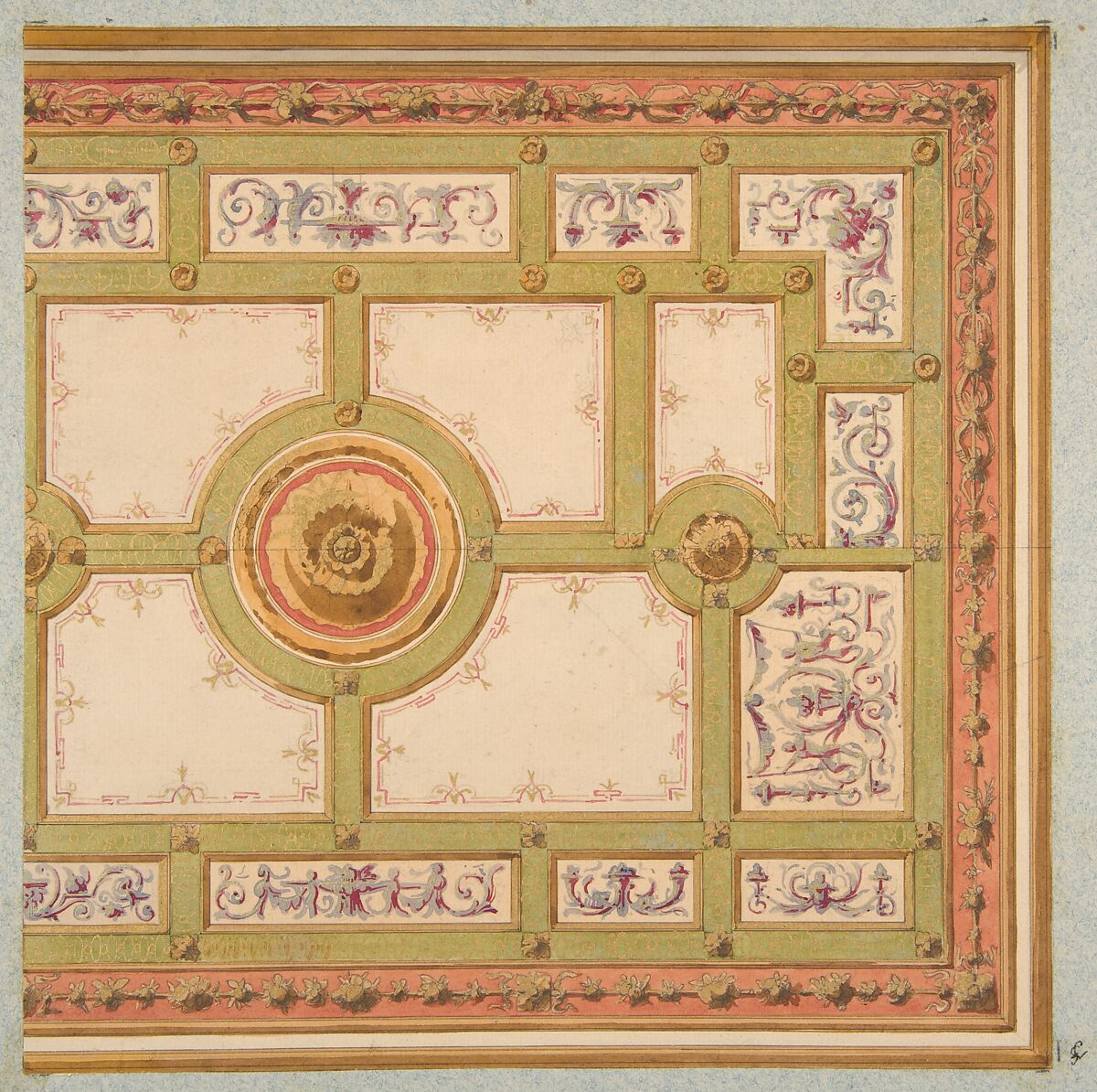 Alternative designs for the painted decoration of a ceiling, Jules-Edmond-Charles Lachaise (French, died 1897), Pen and ink, watercolor, and gold paint on laid paper; inlaid in blue wove paper 