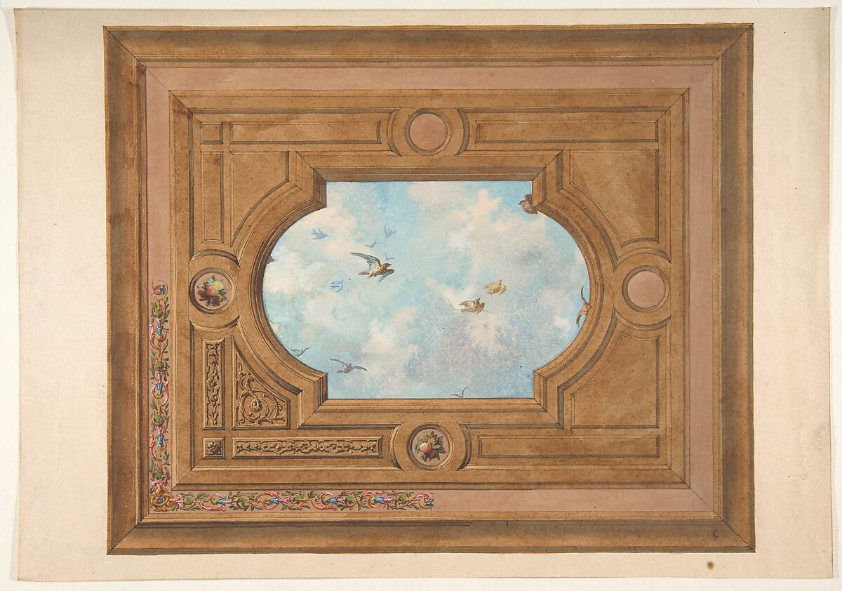Design for a ceiling with a trompe l'oeil sky filled with birds, Jules-Edmond-Charles Lachaise (French, died 1897), pen and ink, watercolor, and gouache 