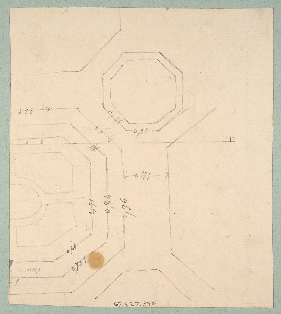 Elevation of a paneled wall with a mural or tapestry and a double doors surmounted by a painting of ducks, Jules-Edmond-Charles Lachaise (French, died 1897), pen and ink and watercolor on laid paper; inlaid in blue wove paper