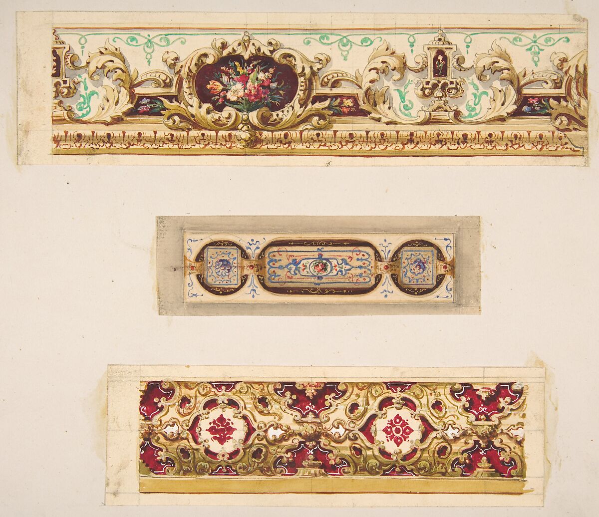 Three designs for painted borders to decorate a room, Jules-Edmond-Charles Lachaise (French, died 1897), graphite, pen and ink, watercolor on separate sheets glued to heavy wove paper 