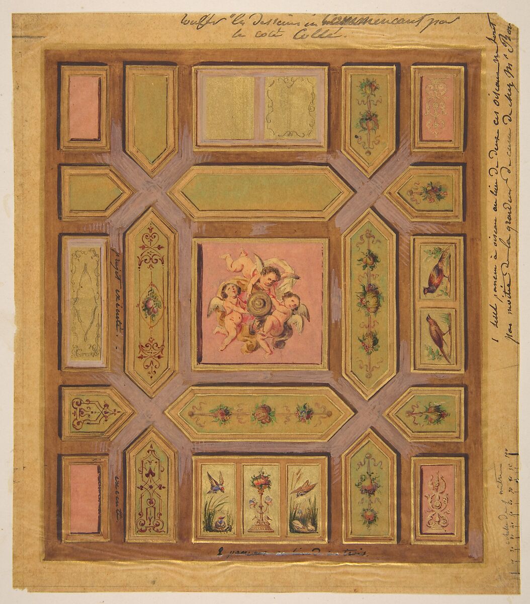Design for a paneled ceiling painted with putti, birds, and floral motifs on tracing paper; mounted on wove paper, Jules-Edmond-Charles Lachaise (French, died 1897), pen and ink, watercolor, and gold paint 