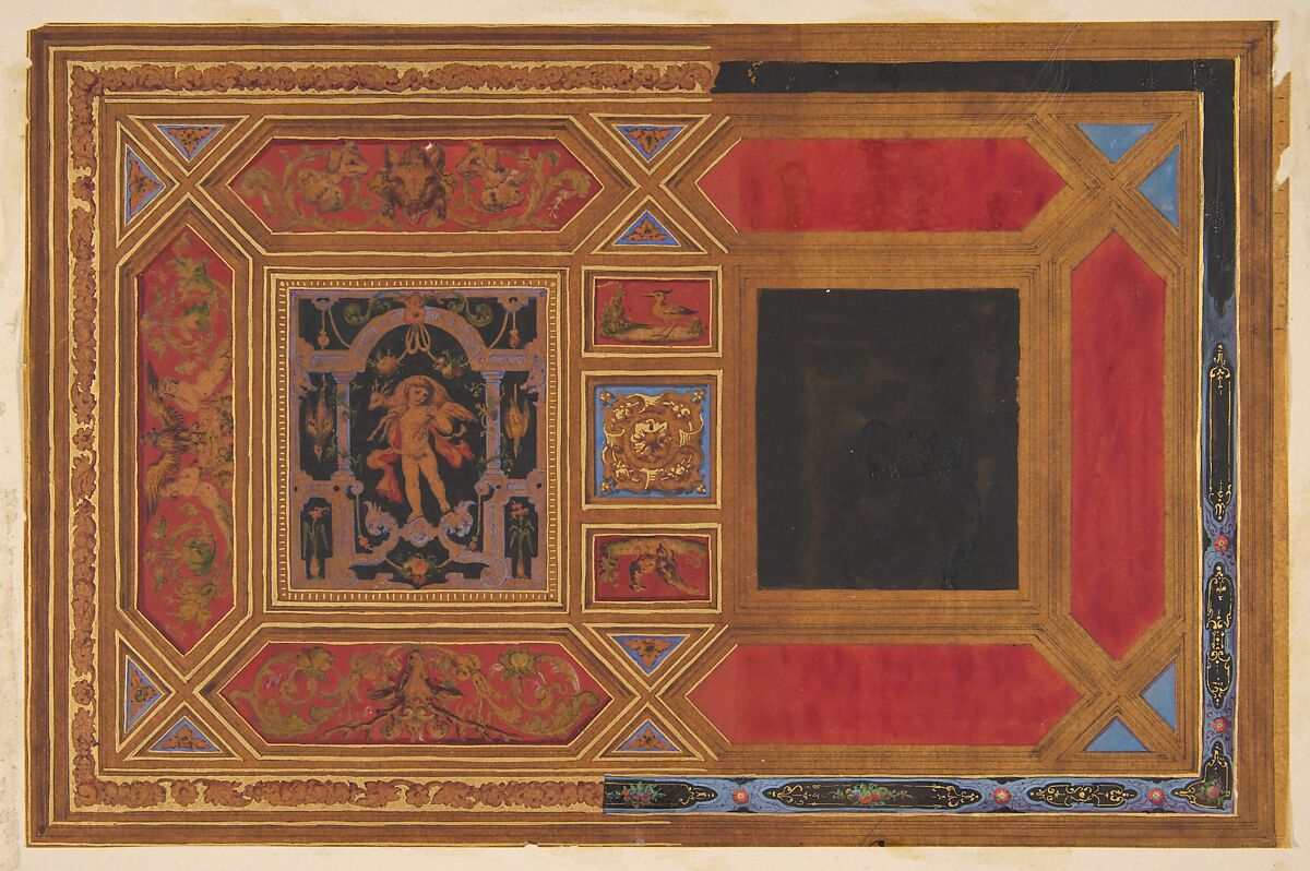 Design for a ceiling painted with grotesque motifs, Jules-Edmond-Charles Lachaise (French, died 1897), graphite, pen and ink, watercolor, and gold paint on tracing paper, mounted on wove paper 