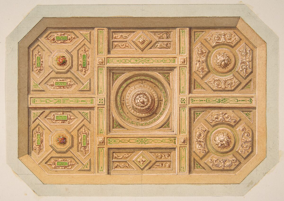 Design for a paneled ceiling with painted decoration, Jules-Edmond-Charles Lachaise (French, died 1897), pen and ink, watercolor and gouache 