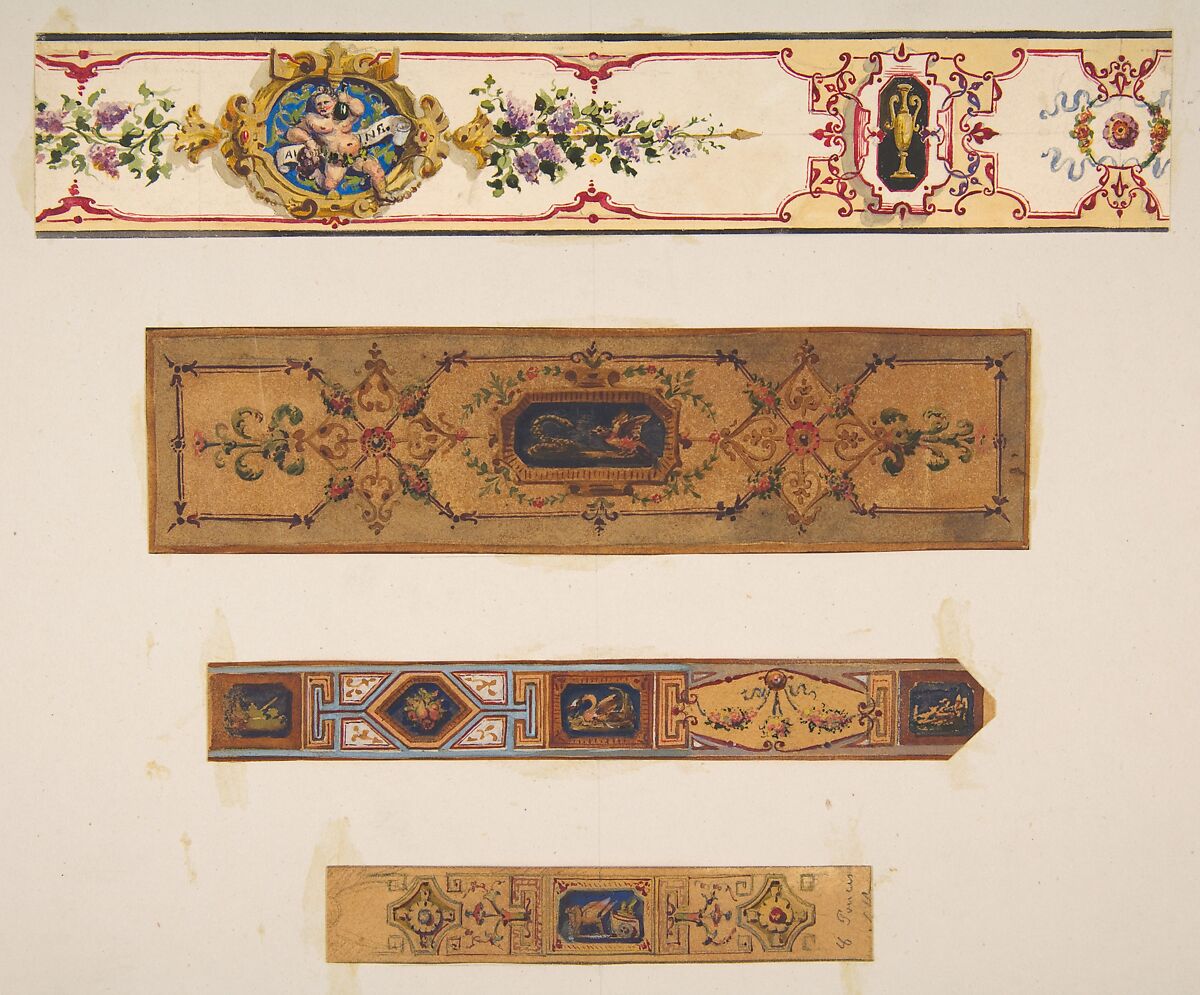 Four designs for painted borders to decorate a room, Jules-Edmond-Charles Lachaise (French, died 1897), pen and ink, watercolor, and gouache on four individual strips of paper; mounted on wove paper 