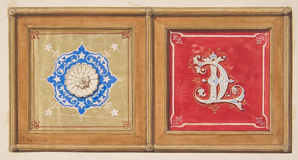 Two alternative designs for the painted decoration of a panel (one with the intertwined initials CL), Jules-Edmond-Charles Lachaise (French, died 1897), Pen and ink, watercolor, and gold paint  on paper; mounted on wove paper 