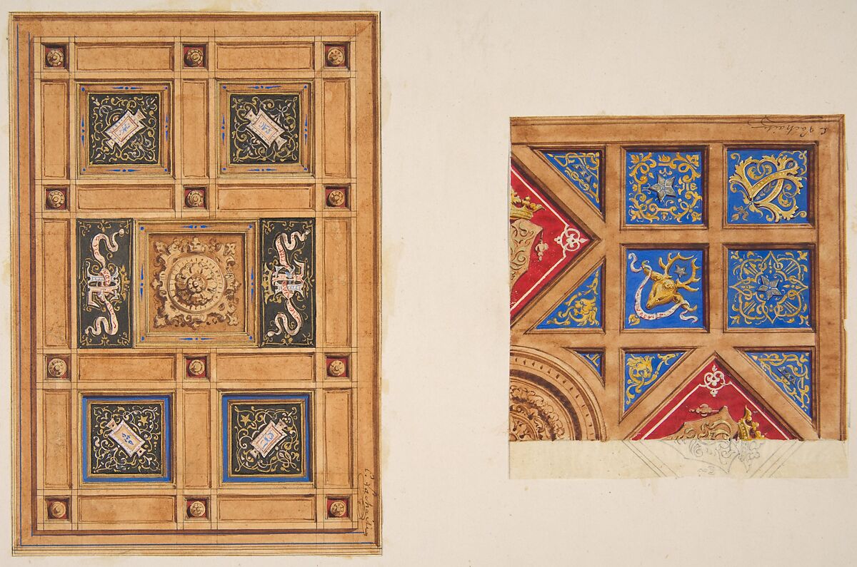 Two designs for paneled ceiling with painted decoration, Jules-Edmond-Charles Lachaise (French, died 1897), pen and ink, watercolor, and gold paint on two sheets of tracing paper; mounted on wove paper 