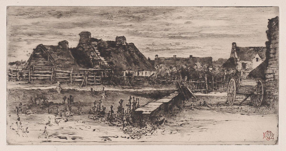 Large Thatched Cottages (Les Grandes Chaumières), Félix-Hilaire Buhot (French, Valognes 1847–1898 Paris), Etching, drypoint, aquatint, and roulette; fourth state of six 