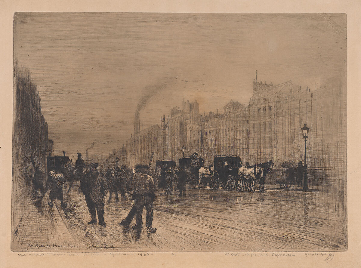 Winter Morning on the Quay, Paris, Félix-Hilaire Buhot (French, Valognes 1847–1898 Paris), Etching, roulette, aquatint, drypoint, and sandpaper ground; fourth state of five 