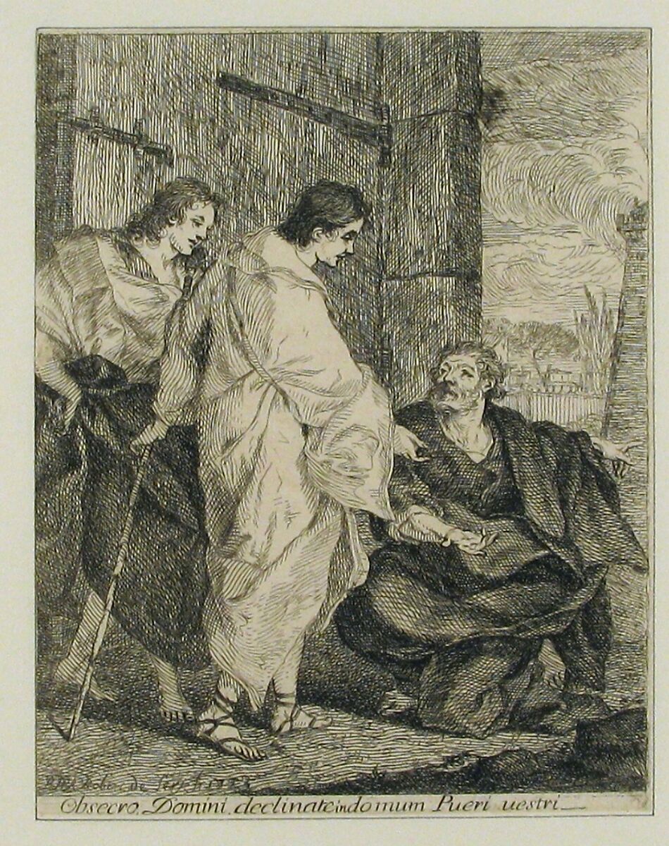 Lot Invites Two Angels to Enter His Home, Paul Ponce Antoine Robert-de-Seri (French, 1686–1733), Etching 