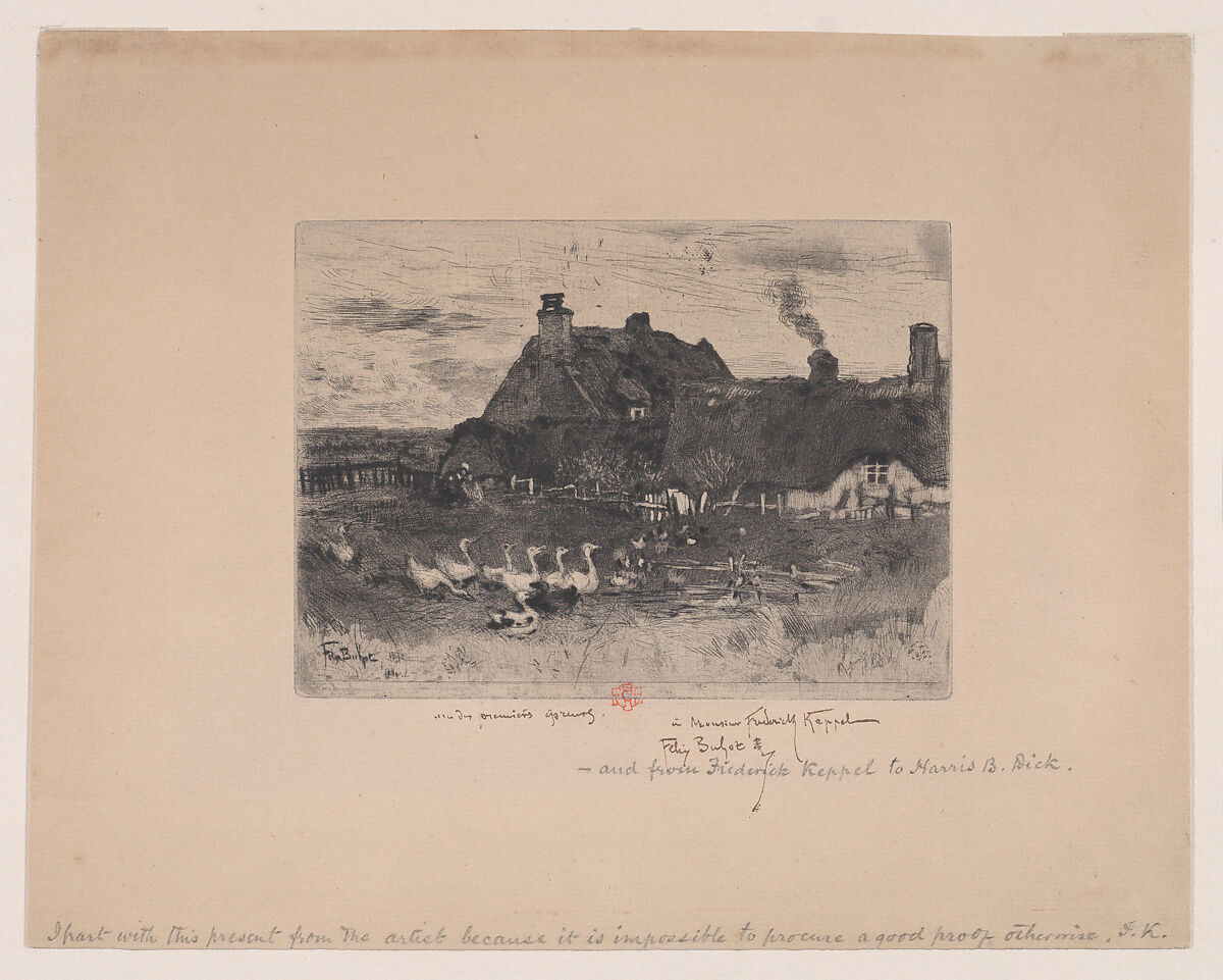 Small Thatched Cottages (Les Petites Chaumières), Félix-Hilaire Buhot (French, Valognes 1847–1898 Paris), Etching, drypoint, aquatint, roulette, stop-out, and burnishing; fourth state of four 