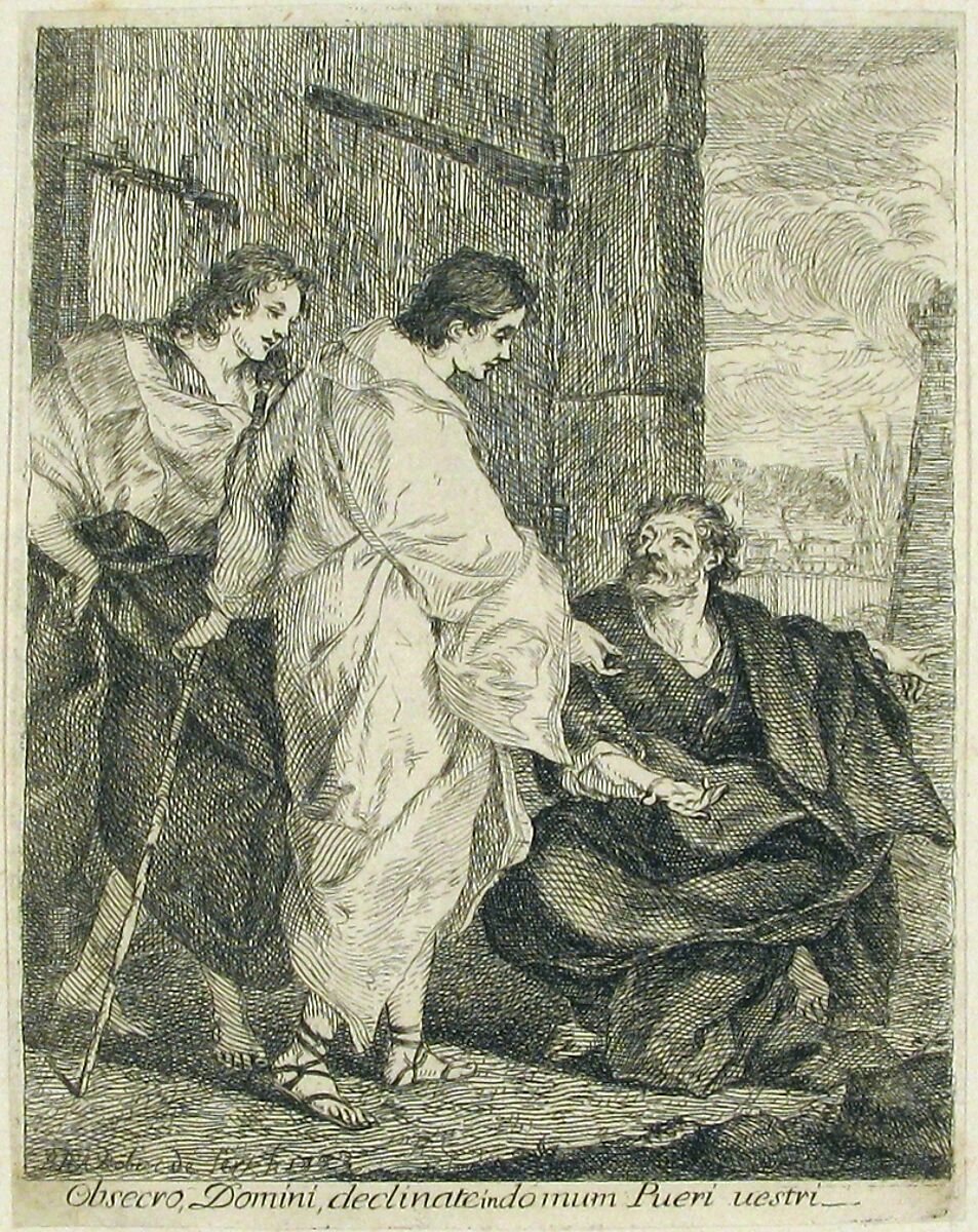 Lot Invites Two Angels to Enter His House, Paul Ponce Antoine Robert-de-Seri (French, 1686–1733), Etching 