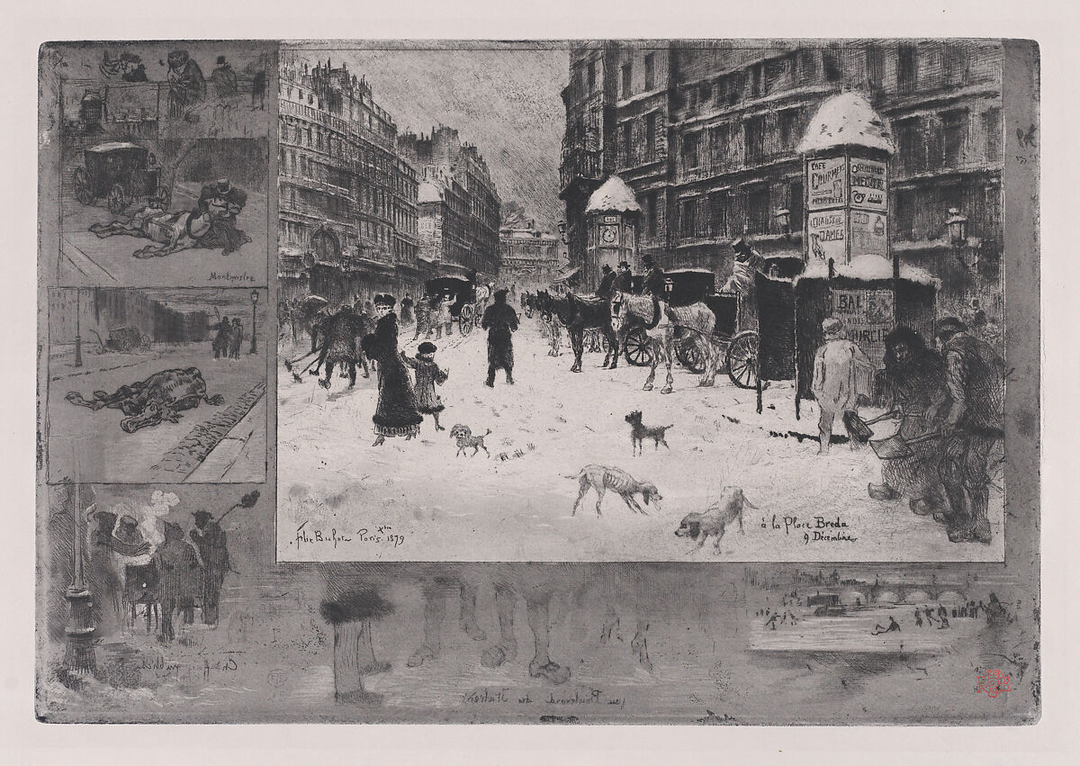 Winter in Paris, or Paris in the Snow, Félix-Hilaire Buhot (French, Valognes 1847–1898 Paris), Etching, soft-ground etching, drypoint, aquatint, sulphur tint, and roulette; fifth state of five 