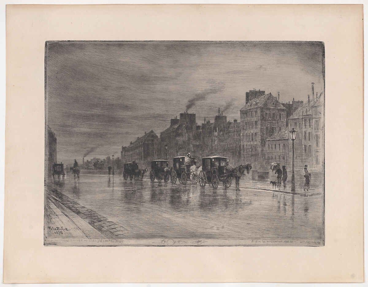 Winter Morning on the Quai de l'Hôtel-Dieu (Cabstand), Félix-Hilaire Buhot (French, Valognes 1847–1898 Paris), Etching, aquatint, drypoint, stop-out, and roulette; fourteenth of fifteen states 