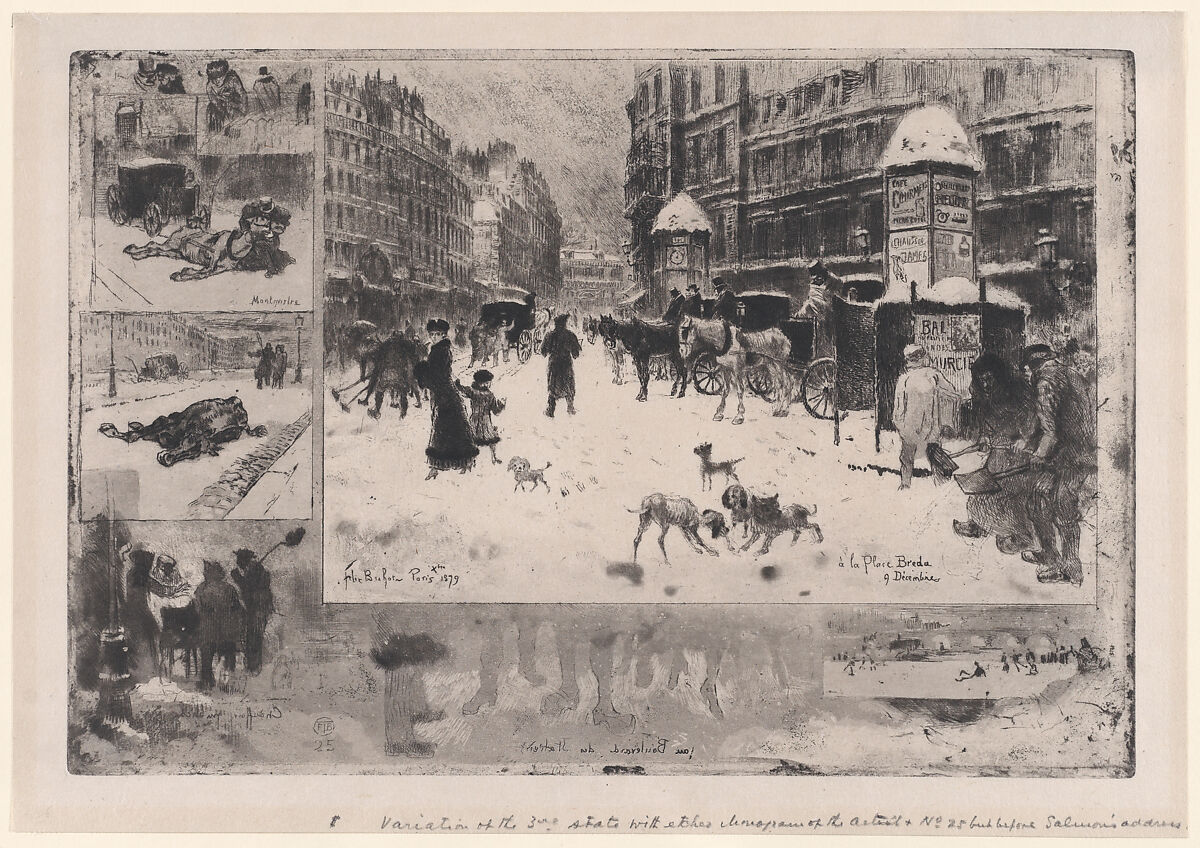 Winter in Paris, or Snow in Paris, Félix-Hilaire Buhot (French, Valognes 1847–1898 Paris), Etching, roulette, aquatint, sulphur tint, drypoint, and soft-ground etching; third state of nine 