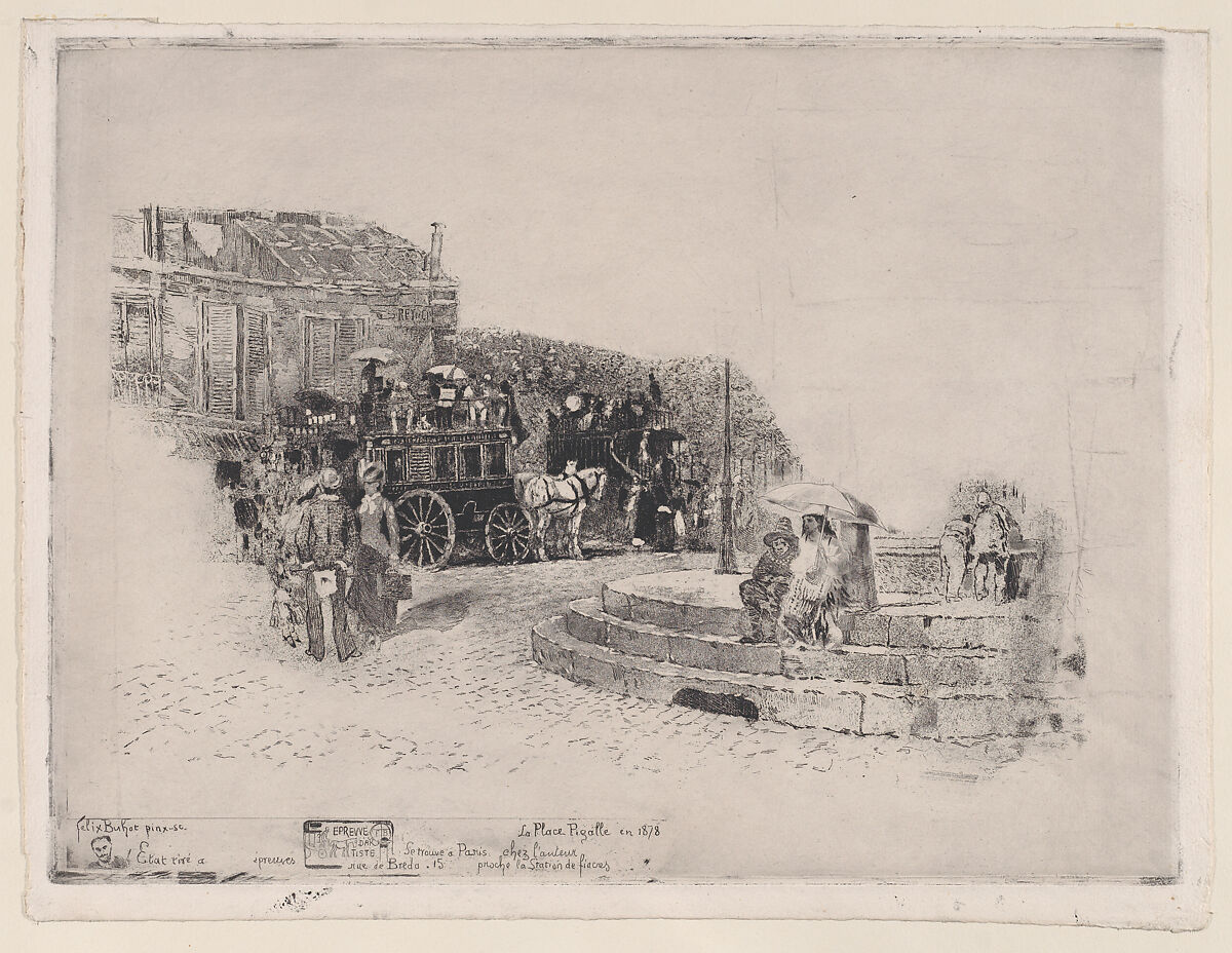 Place Pigalle in 1878, Félix-Hilaire Buhot (French, Valognes 1847–1898 Paris), Etching, aquatint, and stop-out; third (?) state of six 